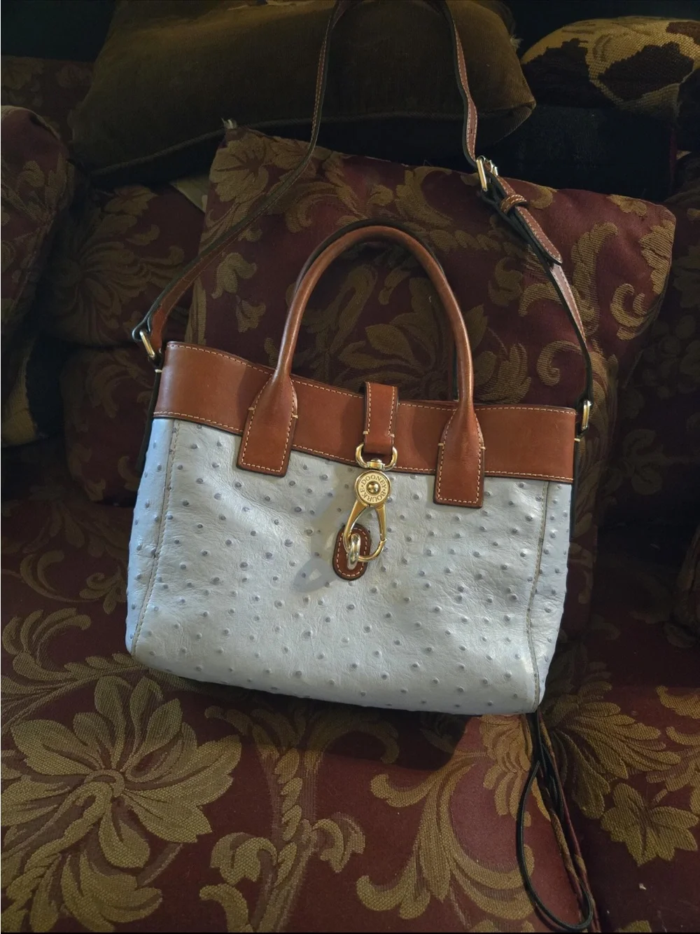 Dooney & Bourke
Beautiful light blue Ostrich 
Leather Satchel with Brown Triim - Picture 8 of 16